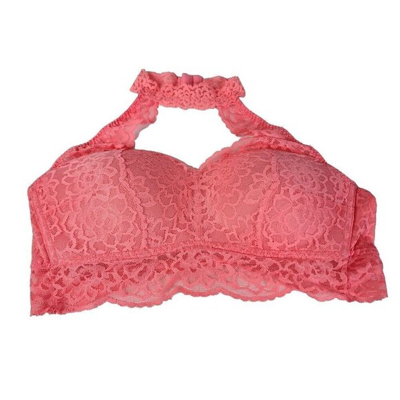 Victoria Secret Neon Pink Hi Neck Padded Push Up Size Large Lace Bra - Picture 1 of 10